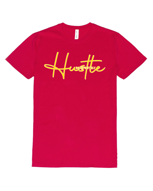 Hustle Indefinitely Red T-shirt (Yellow & White) Logo